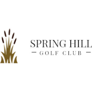Spring Hill Golf Club logo: A cluster of brown cattails with dark seed heads rising from tan grass blades at left of 'SPRING HILL' in black serif capitals over the words 'GOLF CLUB' set between two short dashes.
