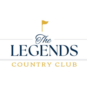 The Legends Golf Club logo: A gold flag on a gold flagstick above the word 'The' in navy script, 'LEGENDS' in large navy serif capitals, and 'COUNTRY CLUB' in gold widely spaced capitals, with two pale gray horizontal bands behind the text.