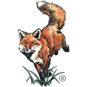 Fox Run Golf Club logo: An illustrated red fox leaping downward through green grass tufts with its bushy tail raised, orange-red fur, white chest and black legs, with a small registered trademark symbol at lower right.