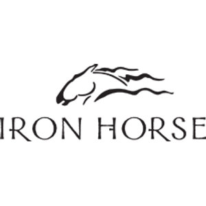 Iron Horse Golf Club logo: A black line drawing of a horse's head and neck with a long wind-blown mane streaming behind it, above the words 'IRON HORSE' in widely spaced serif capitals; black on white.
