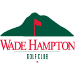 Wade Hampton Golf Club logo: A dark green mountain silhouette with a red flag on a flagstick planted on its slope, above 'WADE HAMPTON' in red serif capitals and 'GOLF CLUB' in green letterspaced capitals between thin rules, with a small red diamond below.
