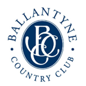 Ballantyne Country Club logo: A navy oval bearing an interlocked white script monogram of the letters B, C and C, ringed by 'BALLANTYNE' arched above and 'COUNTRY CLUB' arched below in navy serif capitals with small dots between; navy and white.
