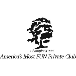 Champions Run logo: A black brush-style silhouette of a broad spreading tree above 'Champions Run' in small serif letters and the italic tagline 'America's Most FUN Private Club'; black on white.