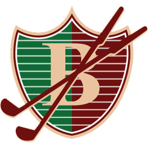 Beatrice Country Club logo: A shield split vertically into a green half and a maroon half, both with thin white horizontal pinstripes, bearing a large tan letter B in the center, with two dark maroon golf clubs crossed diagonally over the shield and a cream outline border.