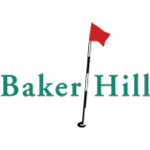 Baker Hill Golf Club logo: The words Baker and Hill in green serif letters separated by a leaning golf flagstick with a black-and-white striped pole, a red flag at the top, and a small black hole liner at its base.