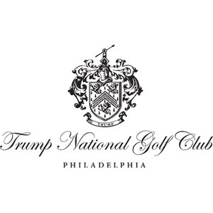 Trump National Golf Club Philadelphia logo: A black heraldic crest: a shield with two chevrons and rampant lions, surrounded by ornate mantling, topped by a knight's helmet and a raised arm holding a golf club, with a banner beneath the shield reading TRUMP; below, Trump National Golf Club in flowing script above PHILADELPHIA in spaced capitals; black on white.