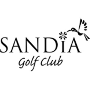 Sandia Golf Club logo: The word SANDIA in black capital letters with a small flower atop the dotless letter I and a black hummingbird with white wing highlights hovering at the upper right reaching toward the flower, above the words Golf Club in black script; black on white.