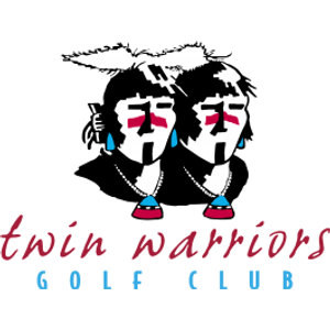 Twin Warriors Golf Club logo: Two stylized Pueblo warrior figures drawn in black ink with white faces marked by crimson paint stripes, turquoise teardrop earrings, and red moccasins, beneath a feathered headpiece, above the words twin warriors in crimson lowercase script and GOLF CLUB in turquoise spaced capitals.