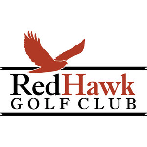 Red Hawk Golf Club logo: A brick-red hawk with black-tipped wings and tail flying above the name RedHawk, with Red in black and Hawk in brick-red serif letters, and GOLF CLUB in black spaced capitals below, all set between black horizontal bars.