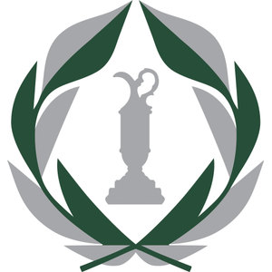 Muirfield Village Golf Club logo: A gray silhouette of a slender trophy jug with a curved handle, framed by a wreath of overlapping stylized leaves that alternate dark green and gray.