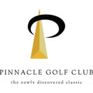 Pinnacle Golf Club logo: A gold three-sided pyramid spire rising through a black crescent swoosh that together form a letter P, above the words PINNACLE GOLF CLUB in black capitals and the phrase 'the newly discovered classic' in small gray letters.
