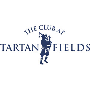The Club at Tartan Fields logo: A navy blue silhouette of a kilted bagpiper playing the bagpipes, between the words THE CLUB AT arched above and TARTAN FIELDS in navy capitals on either side.