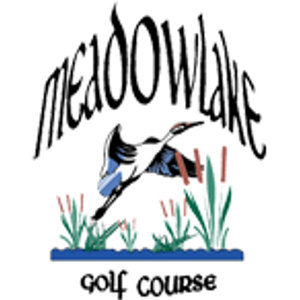 Meadow Lake Golf Course logo: The word 'MEADOWLAKE' in warped black capitals arched over a duck taking flight drawn in dark blue, black, and white, among brown cattails and green grass on a blue baseline, with 'GOLF COURSE' in black lettering below.