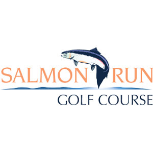 Salmon Run Golf Course logo: A salmon leaping in navy blue with a white belly and pink-red side stripe, between the words 'SALMON RUN' in peach-orange capitals, above a wavy blue waterline and 'GOLF COURSE' in navy capitals.