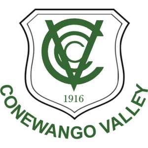 Conewango Valley Country Club logo: A white shield with a double black outline containing a green interlocked C-V-C monogram above the year 1916 in green, with 'CONEWANGO VALLEY' arched below the shield in green capitals.