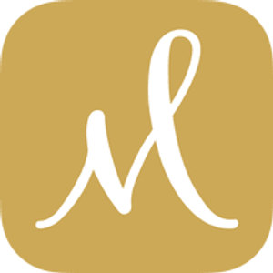 Maridoe Golf Club logo: A white cursive script letter M, its final stroke sweeping up into a tall open loop, on a solid gold rounded-square tile.