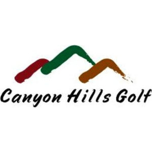 Canyon Hills Golf Course logo: Three overlapping hill peaks painted as thick brushstrokes in dark red, forest green and ochre from left to right, above 'Canyon Hills Golf' in a heavy black italic brush script.