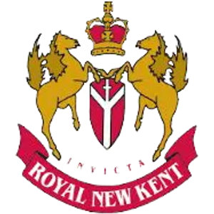 Royal New Kent Golf Club logo: A heraldic coat of arms: two gold rearing horses face each other as supporters, flanking a crimson shield charged with a white pall and a small white cross-hilted sword, beneath a jewelled gold and red crown, with the motto INVICTA on a small scroll above a red ribbon banner reading ROYAL NEW KENT.