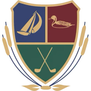 Lake Chesdin Golf Club logo: A gold-edged shield in three fields: a white sailboat under sail on navy blue at upper left, a brown and green mallard duck swimming on maroon at upper right, and two crossed gold-headed golf clubs on dark green across the lower half, the whole flanked by gold cattails on navy reed stems.
