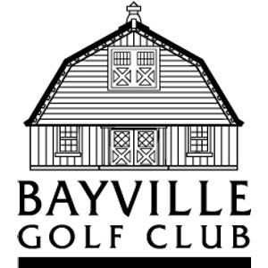 Bayville Golf Club logo: A black line drawing of a gambrel-roofed clubhouse barn with a cupola on the ridge, a lattice-paned dormer window in the upper roof and lattice double doors with flanking windows below, above BAYVILLE GOLF CLUB in two lines of letterspaced serif capitals set over a solid black bar.