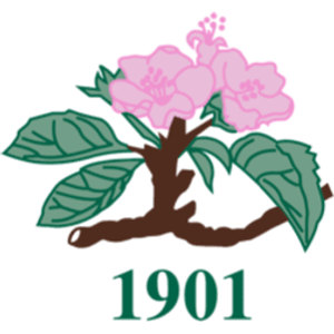 Rutland Country Club logo: A cluster of pink apple blossoms with yellow stamens on a brown branch with dark green leaves, above the year 1901 in dark green serif numerals.