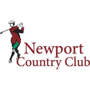 Newport Country Club logo: A vintage golfer at the top of his backswing wearing a white flat cap, a dark red jacket, green knickers and black stockings, standing left of "Newport Country Club" in dark red serif lettering on two lines.