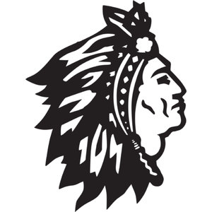 Neshobe Golf Club logo: A solid black profile head of a Native American chief facing right, wearing a long feathered war bonnet with a beaded browband and a round rosette over the ear.