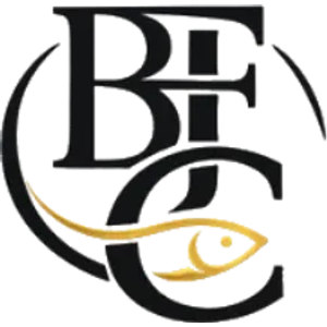 Big Fish Golf Course logo: A black serif monogram of a large B and F above a large C, set inside a broken black circle, with a gold fish swimming across the lower letter, its eye and fins picked out in gold.