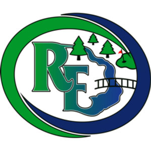 River Edge Golf Course logo: Interlocking green and navy ovals ringing a white field that holds a large green R and navy E monogram, three green pine trees, a red flag on a small putting green, and a truss bridge crossing a blue river.