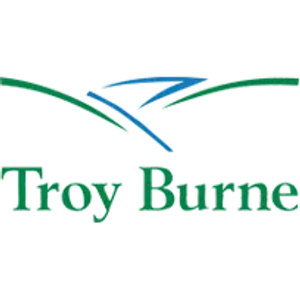Troy Burne Golf Club logo: A green arcing hill line crossed by a swept blue double stroke suggesting a bird in flight, above "Troy Burne" in dark green serif lettering.
