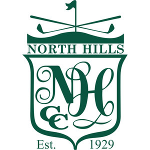 North Hills Country Club logo: A dark green shield crest with "NORTH HILLS" on a banner across the top, two crossed golf clubs and a flagstick rising behind it, an ornate script NHCC monogram filling the shield, and "Est. 1929" across the base.