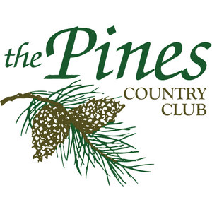 The Pines Country Club logo: "the Pines" in green script and italic serif lettering above "COUNTRY CLUB" in gold capitals, with a brown pine cone and a spray of green pine needles across the lower left.