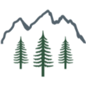 Teton Pines logo: A grey-blue outlined mountain ridge behind three dark green conifer pines, the centre tree tallest.