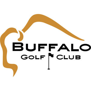 Buffalo Golf Club logo: A tan-gold buffalo shown in profile facing left, with "BUFFALO" in black slab capitals across its body and "GOLF CLUB" beneath, the two words separated by a small black flagstick.