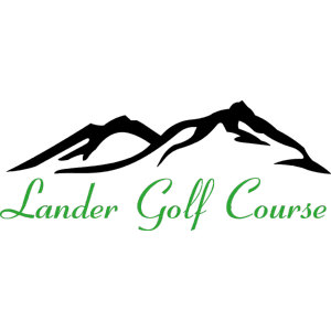 Lander Golf Course logo: A black three-peaked mountain-range silhouette above "Lander Golf Course" in flowing green script.