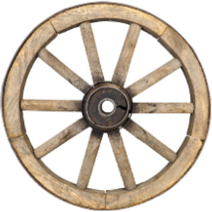 Tiffany Greens Golf Club logo: A photographic antique wooden wagon wheel seen face-on, with ten pale tan timber spokes and a tan wooden rim bound by a dark iron tyre, around a black iron hub.