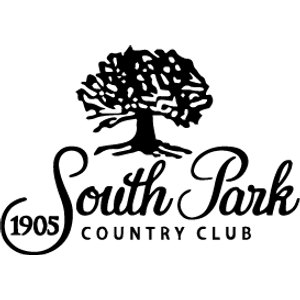 South Park Country Club logo: A black broad-canopied oak tree with exposed roots above 'South Park' in black script, with the year 1905 inside a thin black oval at lower left and 'COUNTRY CLUB' in spaced black capitals beneath.