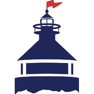Boothbay Harbor Country Club logo: A navy blue lighthouse in silhouette with a railed lantern gallery, a windowed lamp room and a scalloped rocky base, flying a red swallow-tailed pennant from the finial at its spire.