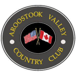 Aroostook Valley Country Club logo: A dark charcoal oval badge with AROOSTOOK VALLEY arched in gold capitals above and COUNTRY CLUB curved in gold below, enclosing a black circle in which the flag of the United States and the flag of Canada are crossed on gold poles, with a small white stud at each side of the oval.