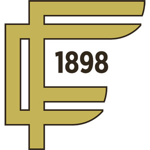 Fargo Country Club logo: An interlocking monogram of a squared letter C and letter F in muted gold with dark brown outlines, the year 1898 set in solid dark brown numerals in the open counter at the centre of the letterforms.