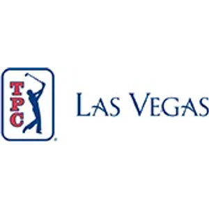 TPC Las Vegas logo: A navy rounded-rectangle shield outline enclosing the red block letters T, P and C stacked vertically beside a navy silhouette of a golfer at the top of a backswing, with LAS VEGAS in navy small capitals to the right.