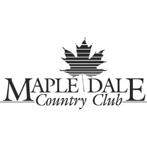 Maple Dale Country Club logo: A black maple leaf drawn in horizontal engraved bands, its fine vertical stem running down between the two words below, above MAPLE DALE in tall black serif capitals, with Country Club in black italic script across the lower half and a thin rule extending to either side.