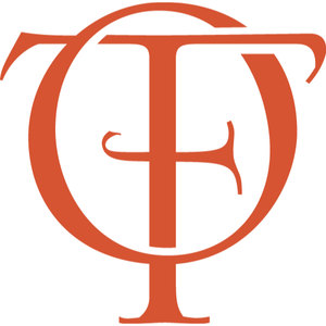 Old Toccoa Farm logo: A persimmon-orange OTF monogram in which a large open serif O ring is overlaid by a tall serif T whose stem carries the two hooked arms of an F across the middle; flat single-colour orange on white with no lettering.