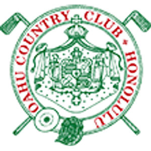 Oahu Country Club logo: A green circular badge with OAHU COUNTRY CLUB . HONOLULU lettered in red around its rim, enclosing the Hawaiian coat of arms with two robed supporters, a crown and a quartered shield, all set over two crossed golf clubs, with a ringed golf ball and a dark green tuft of foliage at the lower left.