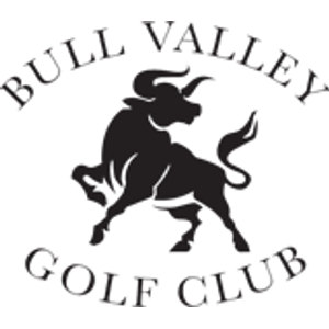 Bull Valley Golf Club logo: A black bull rearing on its hind legs with long curved horns and a raised curling tail, encircled by BULL VALLEY arched above and GOLF CLUB curved below in thin black serif capitals.