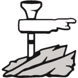 Pound Ridge Golf Club logo: A black-outlined white fingerpost signpost with a flared cap and a horizontal arm ending in a pointing hand, planted on a grey rock ledge.