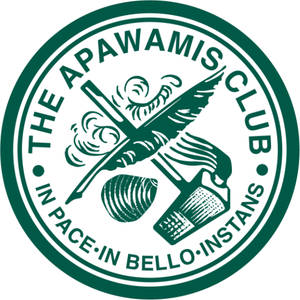 Apawamis Club logo: A dark green circular badge lettered THE APAWAMIS CLUB around the top and the Latin motto IN PACE IN BELLO INSTANS around the bottom, enclosing a feathered ceremonial peace pipe with curling smoke crossed by a downward-pointing arrow, above a ribbed clam shell and a woven basket.