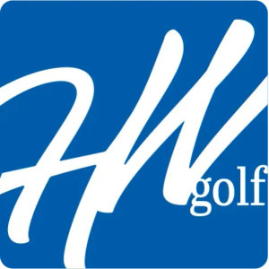 Highwood Golf And Country Club logo: A white interlocking HW monogram in flowing script with the lowercase serif word golf tucked at lower right, on a royal blue rounded square.