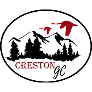 Creston Golf Club logo: A black-outlined oval enclosing a black silhouette of jagged mountain peaks and an evergreen forest, with two red Canada geese flying above the peaks, over CRESTON in red-shadowed capitals and a black script GC.