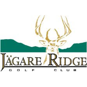 Jagare Ridge Golf Club logo: A gold outline of a stag's head with tall branching antlers rising behind a dark teal-green mountain-ridge band, above JAGARE RIDGE in black capitals with gold outlines (the A carries an umlaut) and GOLF CLUB letterspaced beneath.